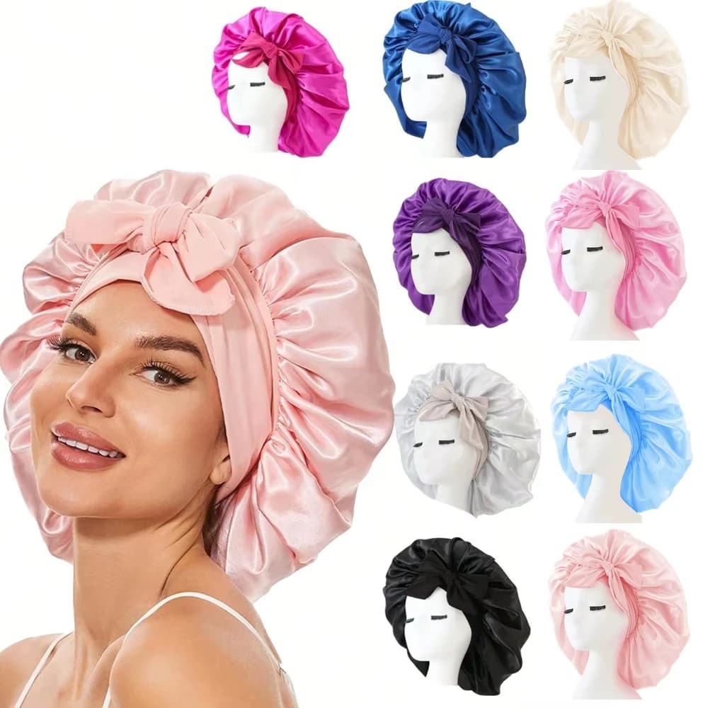 Silk Bonnet For Sleeping Women Satin Night Sleep Cap With Tie Band Scarf Wrap Hair Bonnet For Curly Hair Shower Caps For Bath