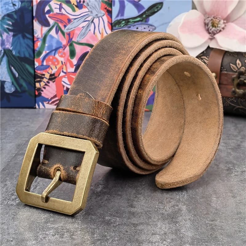 Vintage Male Belt Solid Brass Belt Buckle Genuine Leather Belt Men Ceinture Real Leather Belt For Man Jeans Belt Men MBT0614
