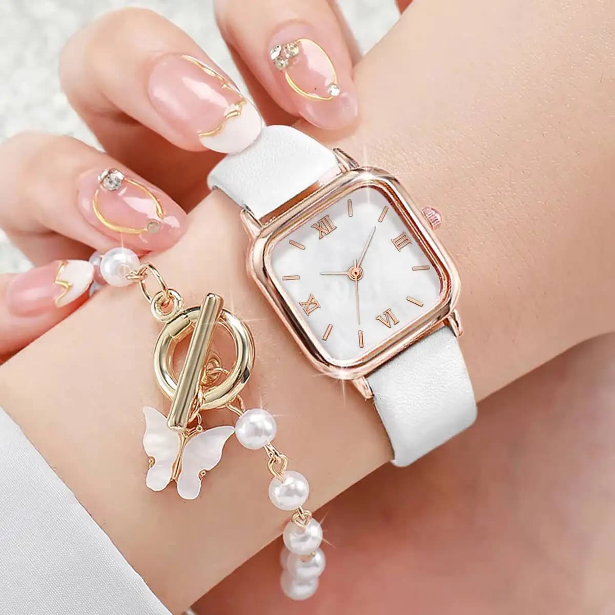 2 pcs/set Fashion Square women's watch leather strap quartz watches pearls Set of butterfly bracelets