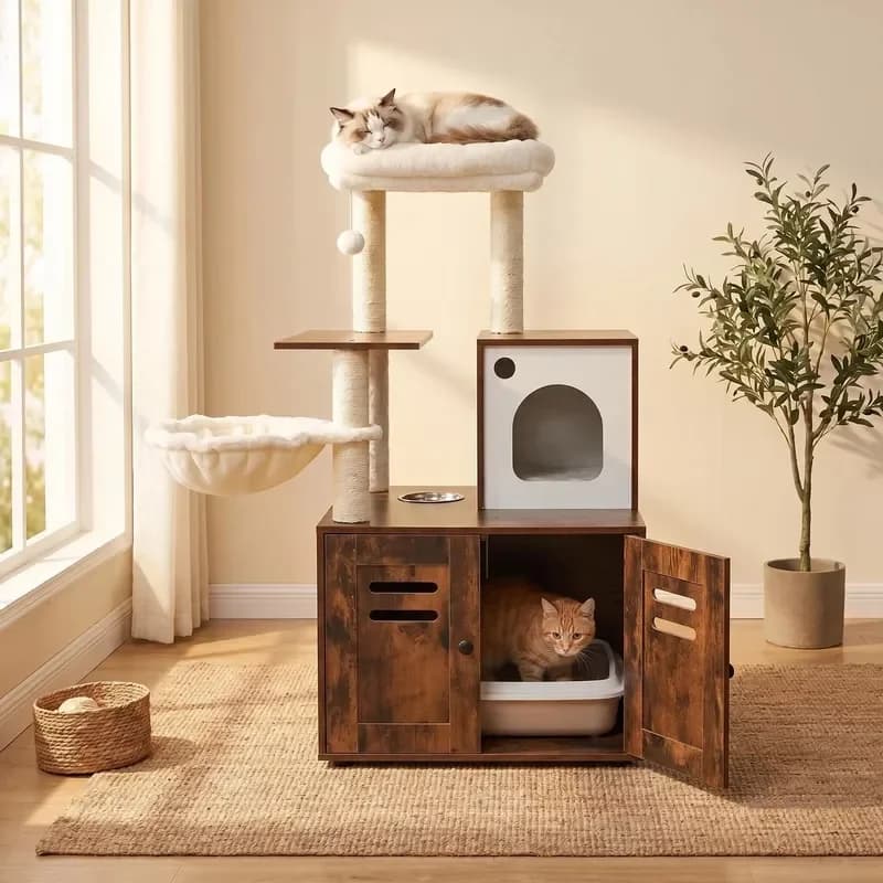 Modern Solid Wood Villa Cat House Storage Bench Indoor Pet Furniture Box Cabinet Easy Clean All Seasons Hook Loop