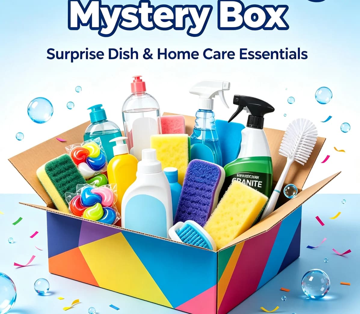 Random Kitchen Cleaning Supplies Mystery Box, Assorted Dishwasher Tablets, Liquid Dish Soap, Non-Scratch Scrub Sponge, Hard Water Stain Remover Spray, Stone Surface Cleaner Kitchen Surprise Lucky Blind Box