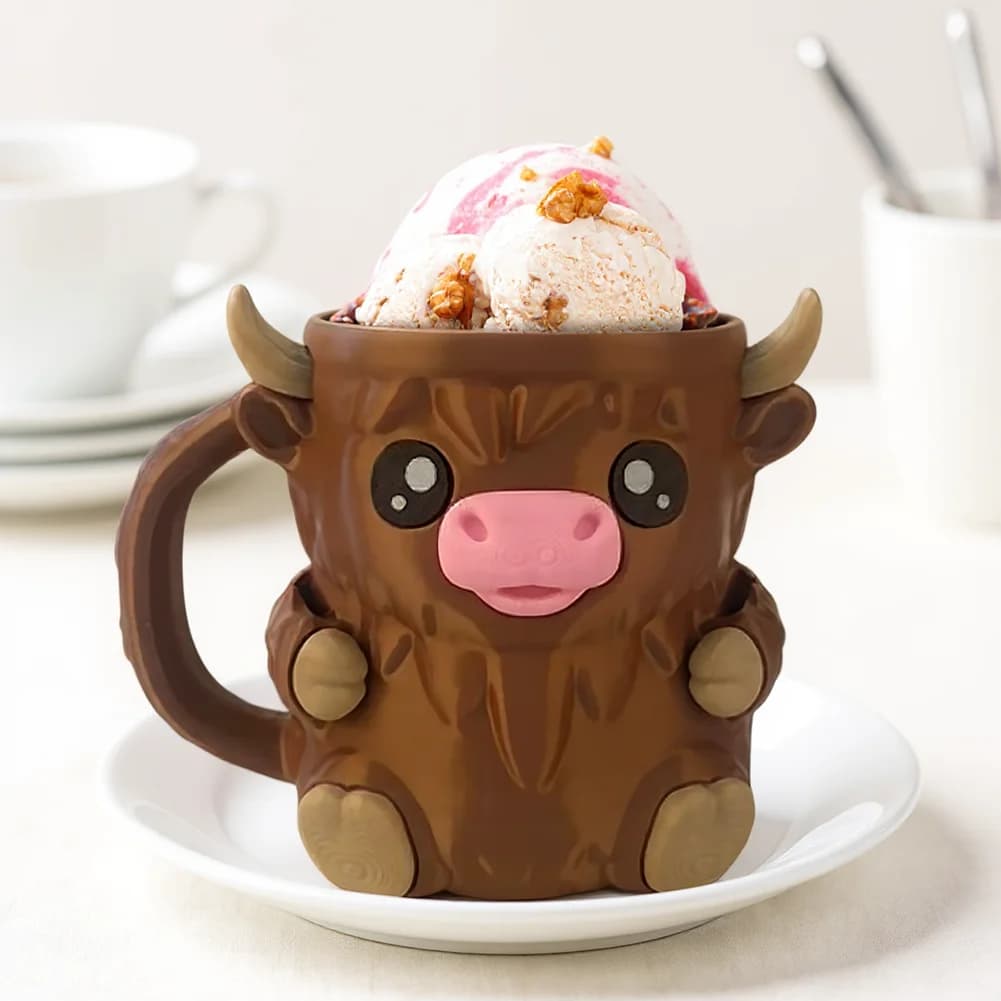 Simpatico porta pinte per ghiaccio di mucca delle Highland con cassetto per snack Contenitori per pinte per gelato stampati in 3D con manico antigelo Manicotti per lattine di birra