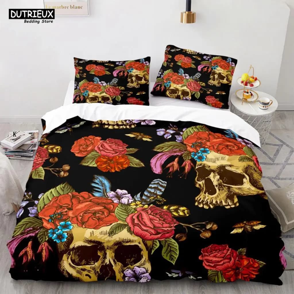 Set biancheria da letto con teschio scheletro 2/3 pezzi Set copripiumino full size Queen King con federe Biancheria da letto con fiori di rosa per adulti Adolescenti