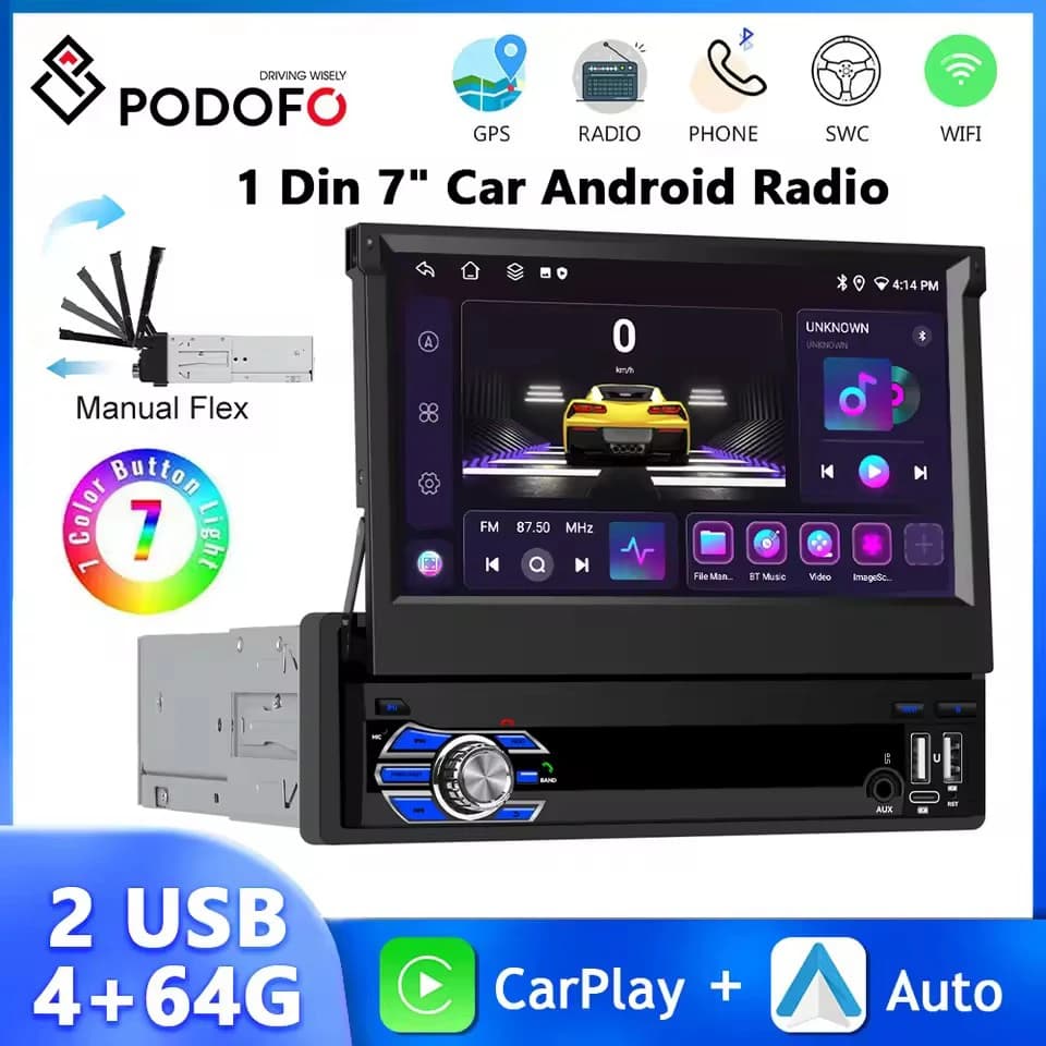 Podofo WIFI 4G Car Stereo 8Core 4 + 64G Lettore multimediale Navigazione GPS Carplay Android Auto FM/AM/RDS BT 5.0 DSP 1Din Autoradio