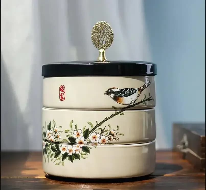 Scatola portaoggetti in ceramica a 3 livelli con coperchio Barattolo portaoggetti Vassoio per snack Scatole per frutta secca Scatole per gioielli Scatole per caramelle Contenitore per alimenti Organizzatore