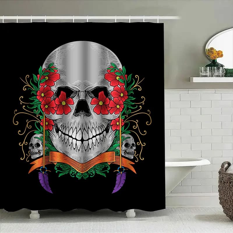 Tenda da doccia con teschio Tuniu, decorazione gotica, teschio floreale, tenda di Halloween, doccia d'arte scura, arredamento unico