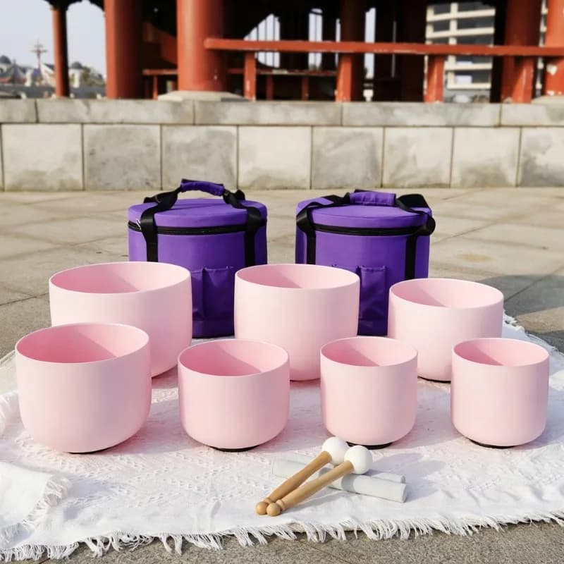 Pink Crystal Singing Bowl Set Outdoor Sound Healing Sound Bowl Meditation Yoga Crystal Singing Bowls 7 Pcs Set with Storage Bag