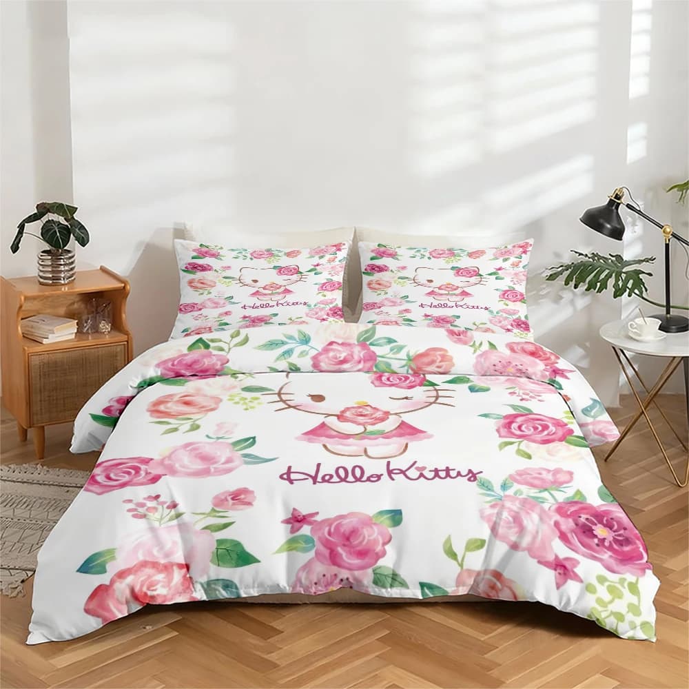 Set di biancheria da letto con stampa digitale ad alta definizione in 3 pezzi, set copripiumino con motivo Hello Kitty e rose rosa, set copripiumino floreale grande, include 1 copripiumino + 2 federe, adatto per camera da letto, camera degli ospiti, decorazioni per la casa, copripiumino + federa in fibra di poliestere, biancheria da letto ultra morbida, tessuto spesso, adatto a tutte le stagioni, lavabile in lavatrice