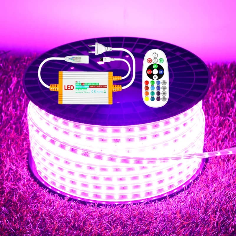 220V RGB LED Strip Light 60LEDs/m Flexible Tape Waterproof Remote Control with 1500W EU Power Plug for Home Lighting Decoration