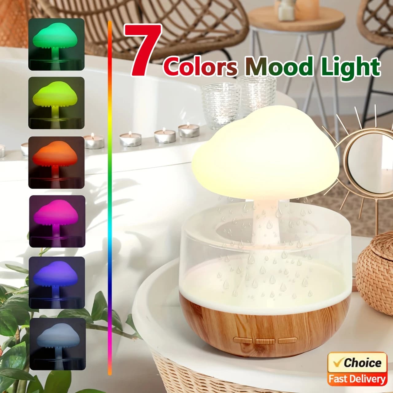 Nuovo Umidificatore a Nuvola di Pioggia 2026, Lampada Atmosfera a Goccia di Pioggia a Forma di Fungo Colorato, Luce Notturna, Diffusore di Oli Essenziali per la Casa
