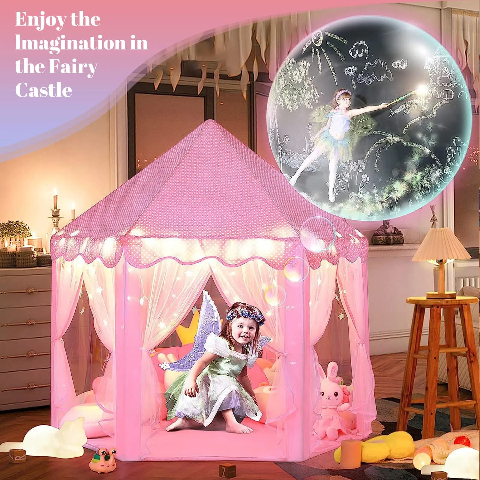 Kids Princess Play Tent Pink Hexagonal Fairy Castle Indoor Play House with Star Lights Breathable Mesh Girls Play Tent for Bedroom Playroom