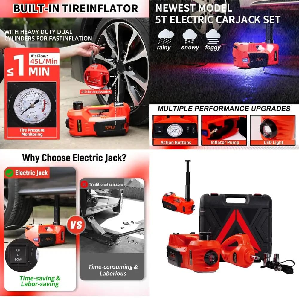 Kit cric idraulico elettrico portatile da 12 V 5 tonnellate con avvitatore a percussione, gonfiatore di pneumatici e luce a LED per SUV, berlina e camion Re