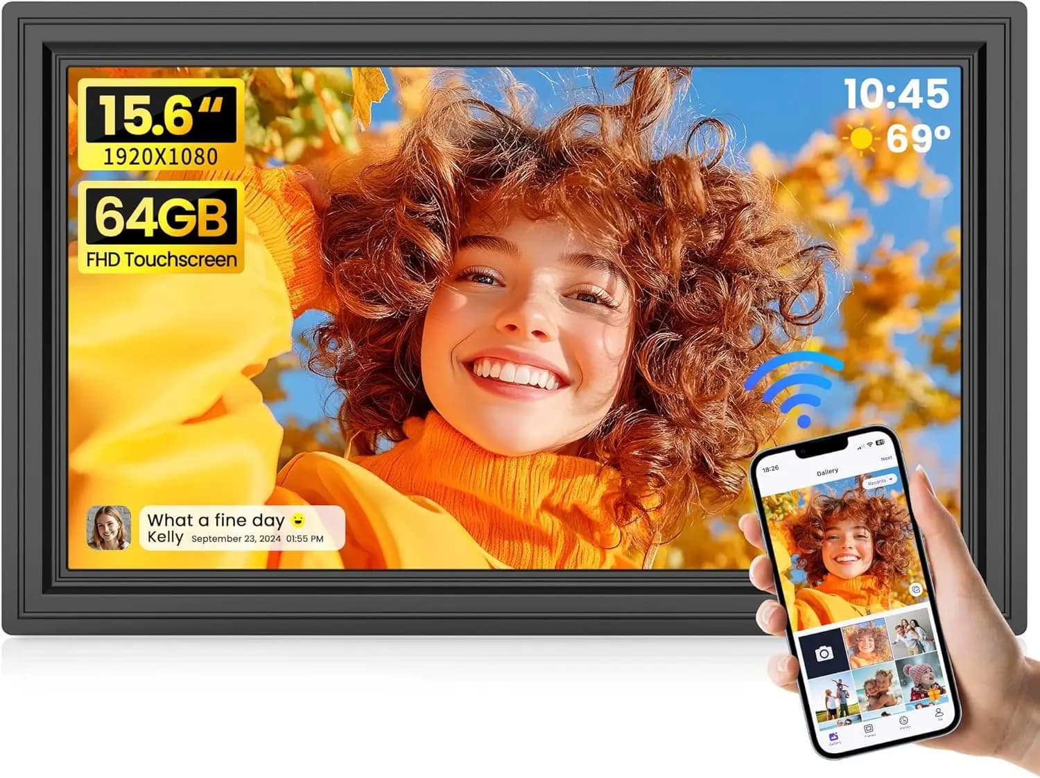 64GB 15.6" Large Digital Picture Frame, WiFi Electronic Photo Frame with 1920x1080 FHD IPS Touch Screen, Auto-Rotate, Share