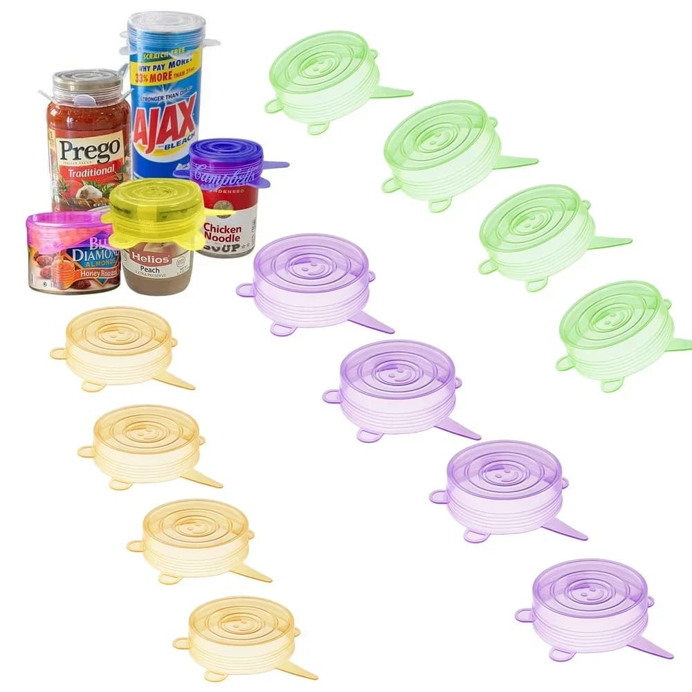 Confezione da 12, copri lattine piccole in silicone senza BPA, coperchi flessibili per yogurt/barattoli di vetro a bocca normale/lattine di cibo per animali domestici con birra gassata