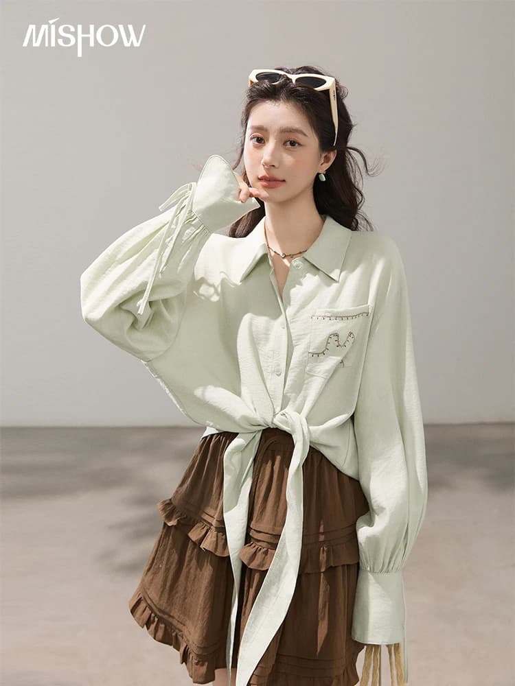 MISHOW Bamboo Texture Shirt 2026 Spring New Loose Top Adjustable Lace-up Cuff Dropped Shoulder Design Green Blouses MXF15C2456