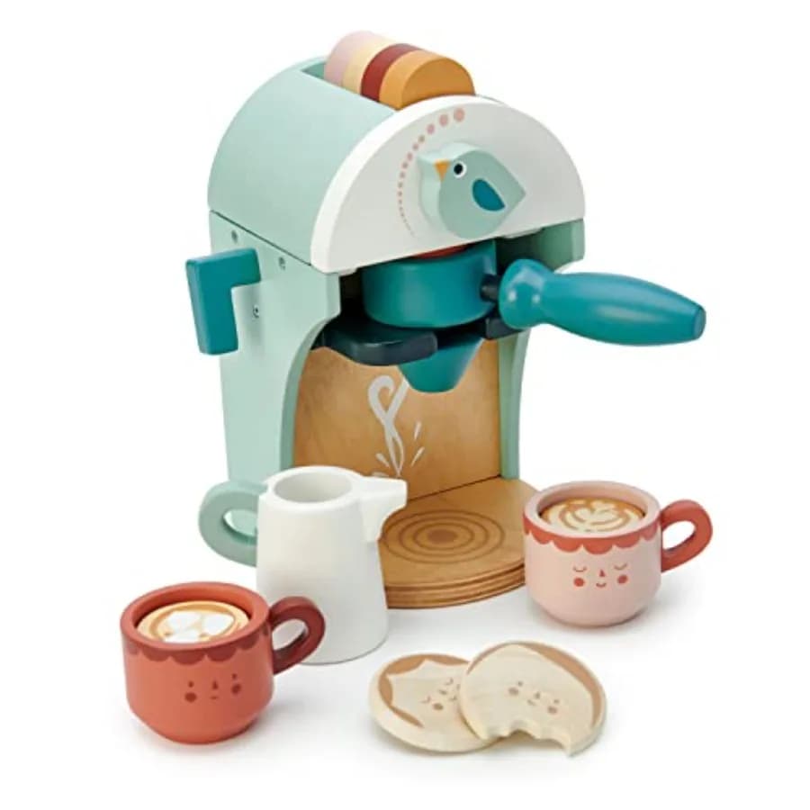 Macchina da caffè in legno per bambini, per giochi di ruolo, da 3 anni in su, con capsule e tazze per espresso incluse, materiale in legno di alta qualità, naturale