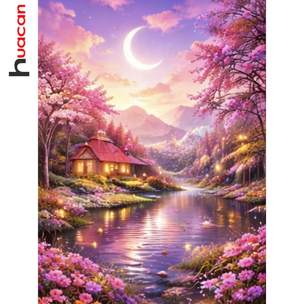 New Arrivals Huacan: Complete Diamond Painting Kit with Moon Pattern, Flower and Home, Diamond Mosaic, Hand Made Gift