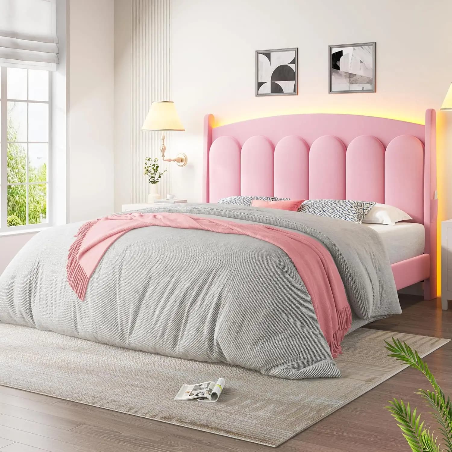 Letto matrimoniale imbottito con testiera a LED, piattaforma con doghe in legno, senza rete a molle, rosa, personalizzabile