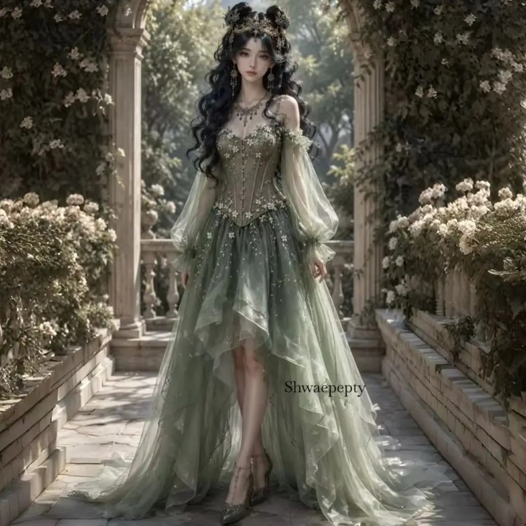Sage Green Forset Fairy Wedding Dress Spaghetti Strap Bubble Sheer Sleeve 3D White Flower High Low Bridal Gown Customized