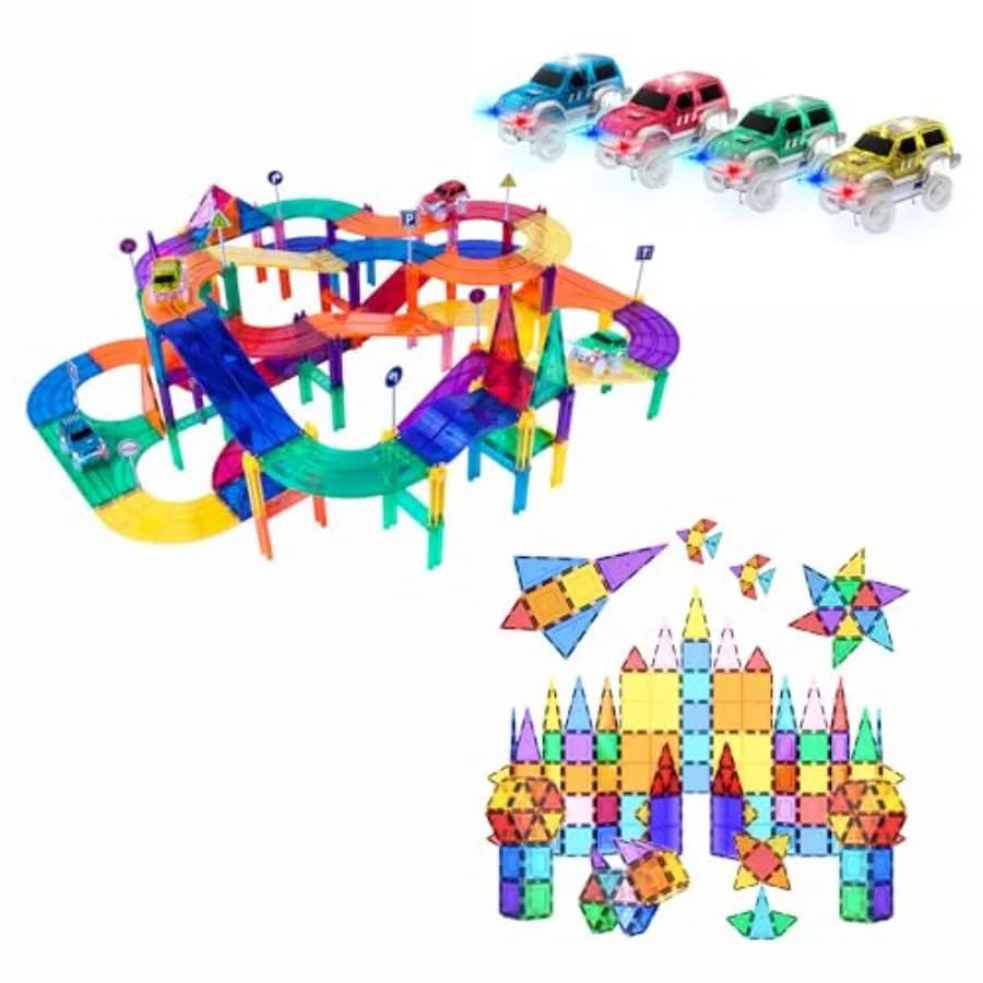 Magnetic Race Car Track Magnet Tiles Playset: STEAM Learning, Construction Skills, Hand-Eye Coordination, Fine Motor Developmen