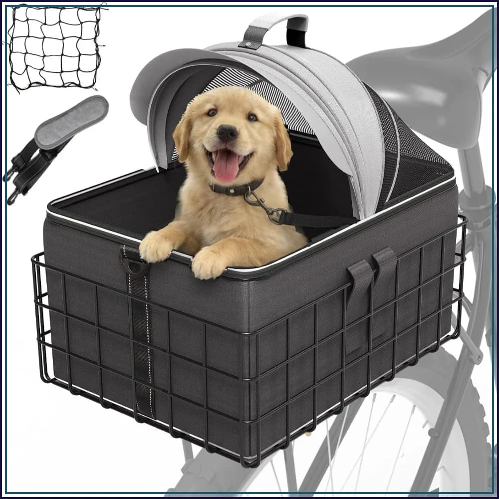 2-in-1 Dog Bike Basket for Rear Rack, Detachable Pet Carrier & Cargo Basket with Safety Leash, Fits Small Medium Dogs Cats up to 20 LBS, Patented Design