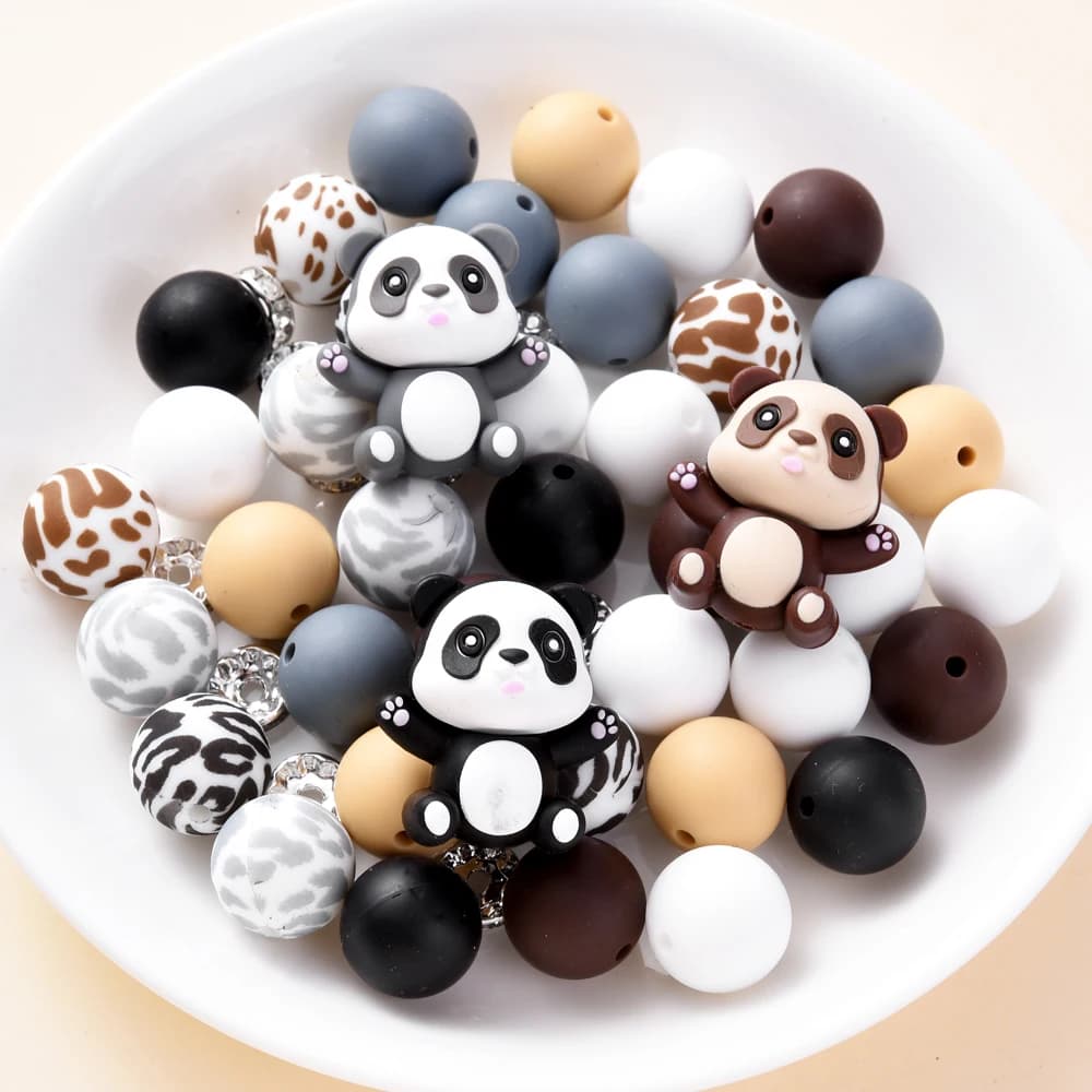 Set di 28 Perline in Silicone a Forma di Panda e Rotonde per Catenelle Portaciuccio Fai-da-Te e Accessori