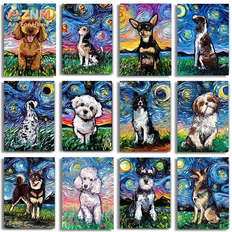 AZNM Van Gogh Starry Sky Dog Canvas Wall Art Various Breeds Puppy Impressionist Oil Painting Print Unframed Canvas Pet Room Deco
