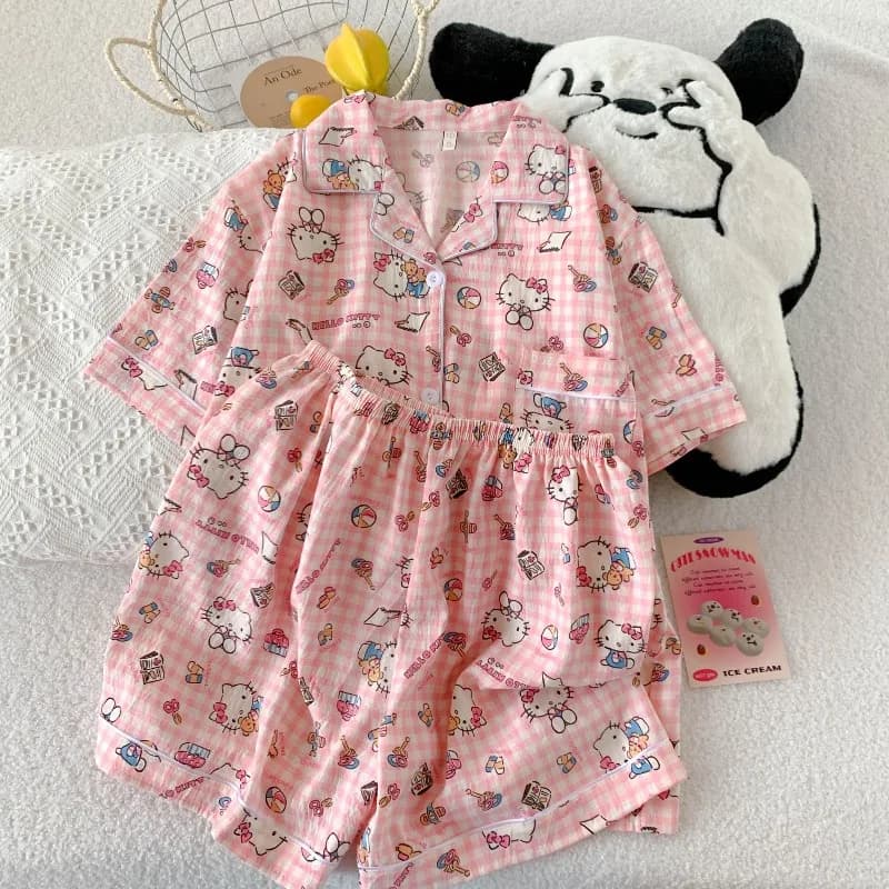 Pigiama Giapponese in Cotone 'Sweet Clouds' per Donna, Estivo, Maniche Corte e Pantaloncini, Leggero e Carino, Abbigliamento da Casa