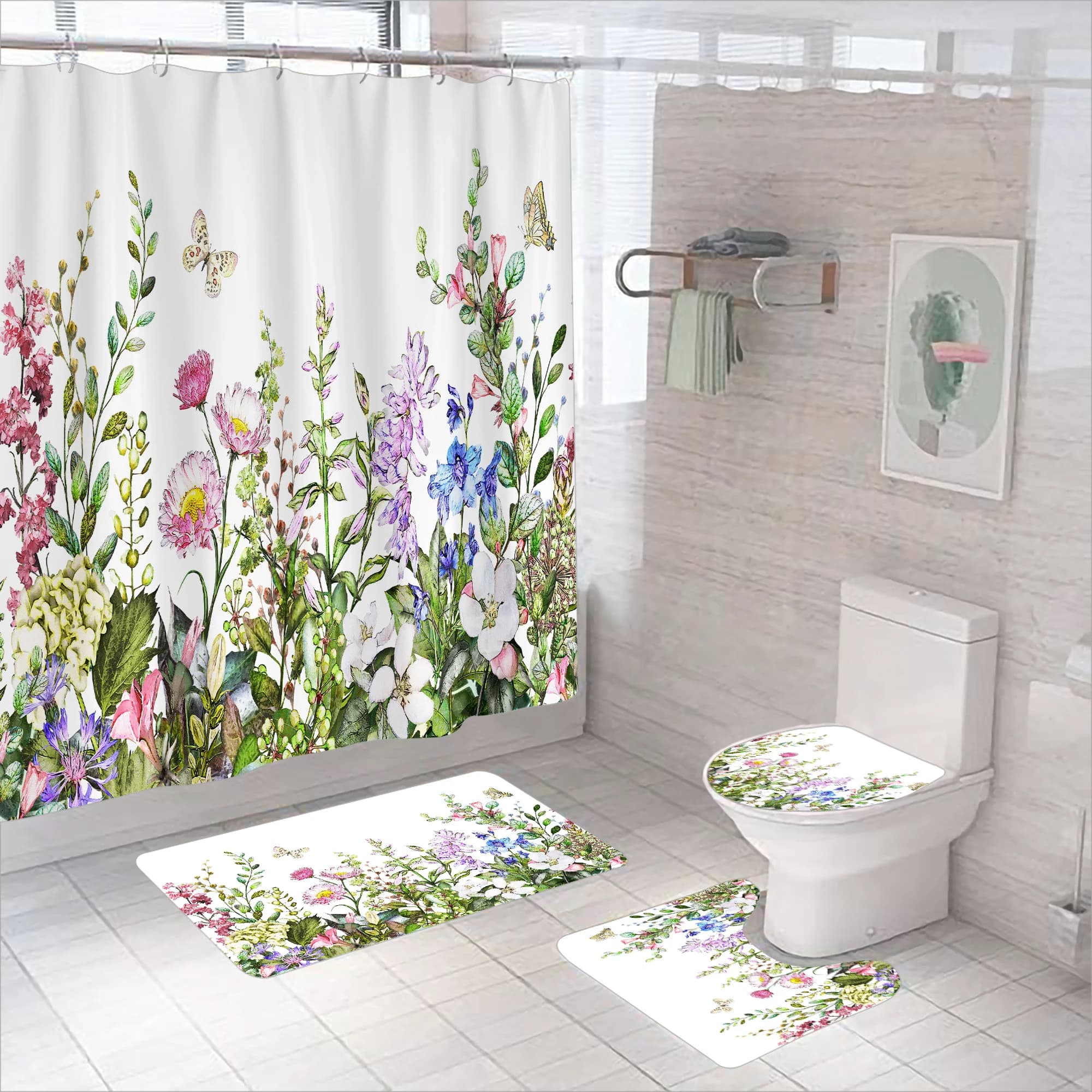 Polyester Scenic Illustration Pattern Four-Piece Set Waterproof Stain Resistant Quick Dry Bathroom Curtains Absorbent Short Pile