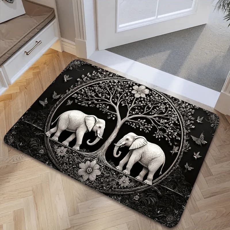 VIKAMA Carpet with two elephants under the tree for bedroom, living room, hallway, entrance hall, soft and comfortable mat, home decoration