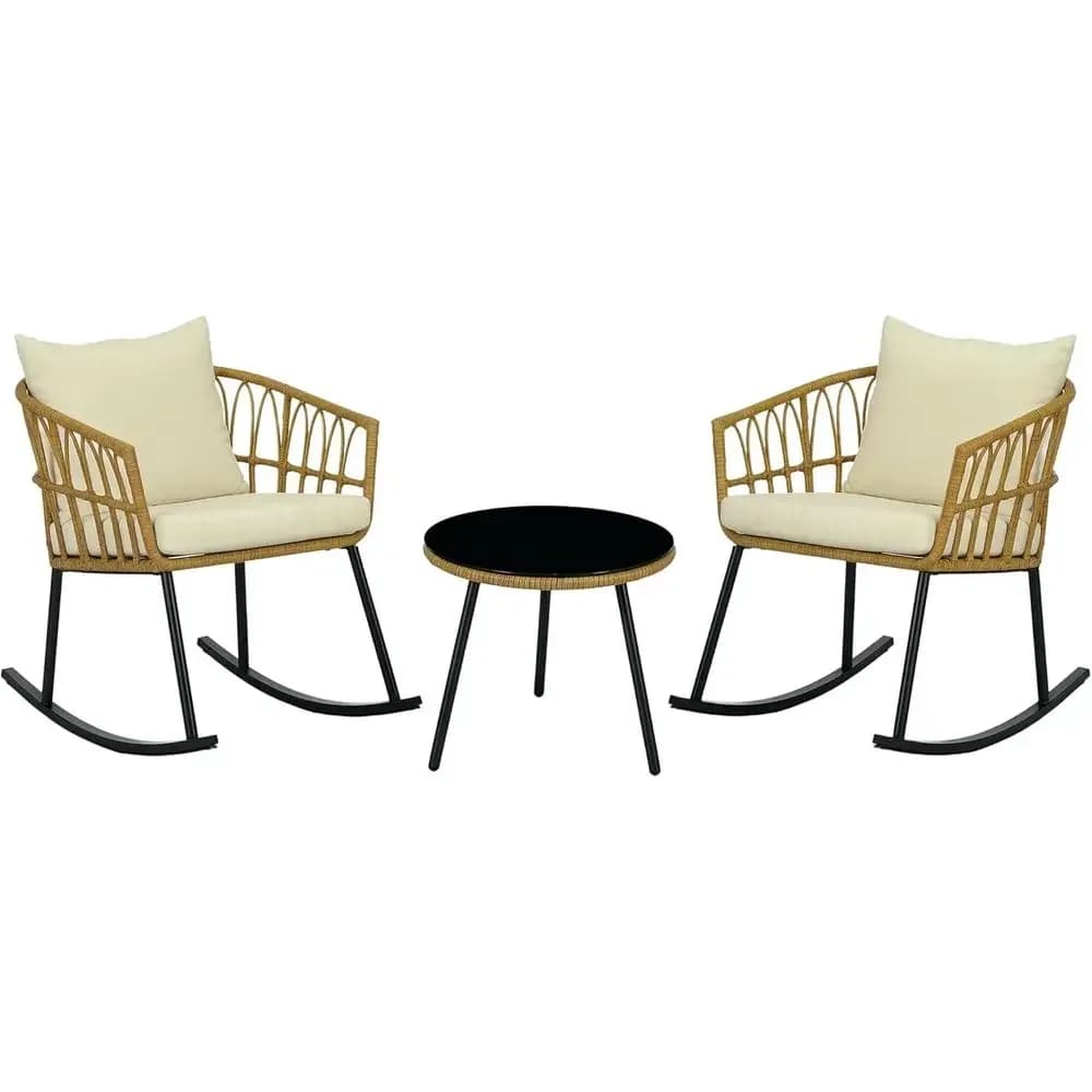 3-Piece Outdoor Rocking Chair Set: 2 Cream White Rockers with Glass Top Table and Cushions