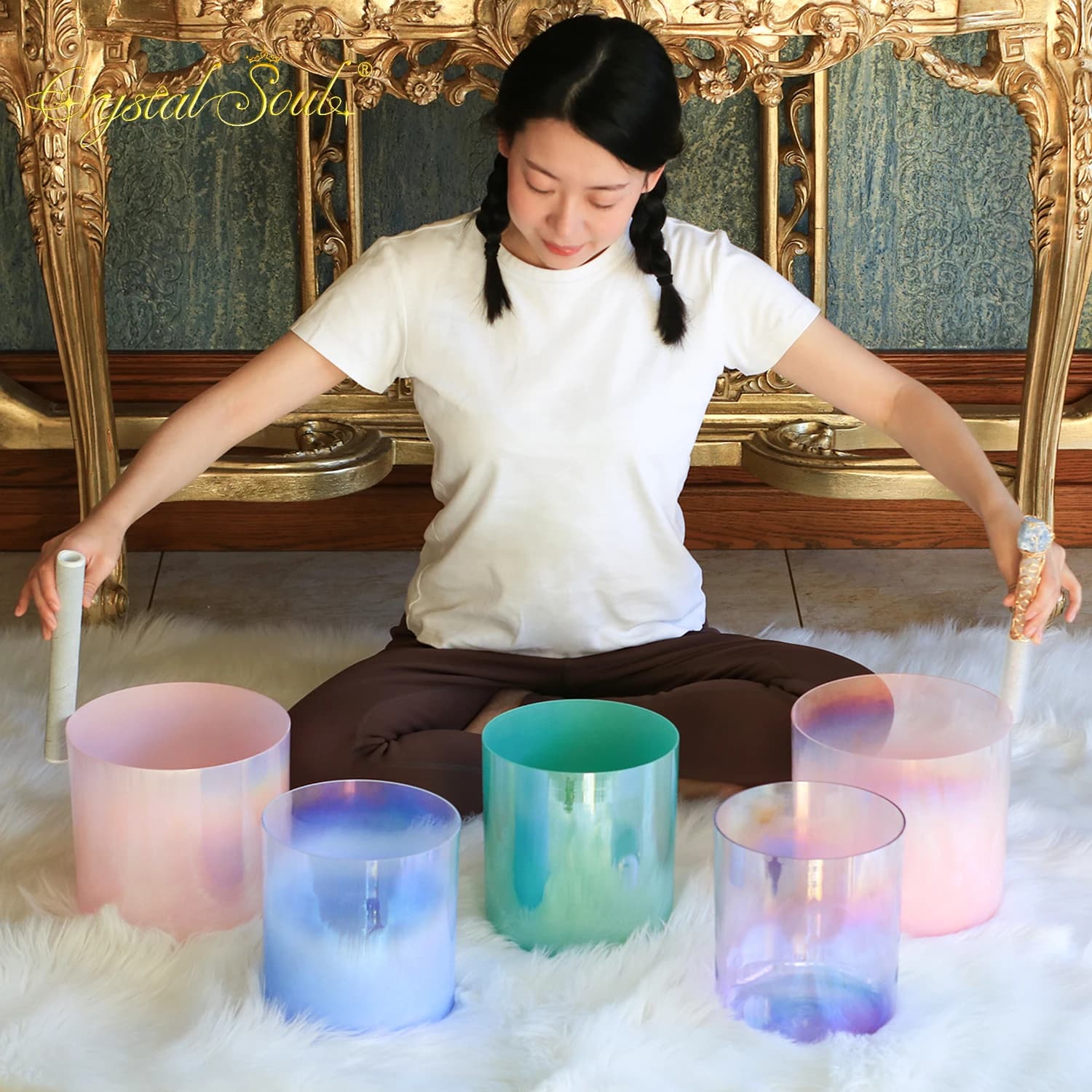 Crystal Soul New Color Five element Harmonious Sound Set Crystal Singing Bowl Set