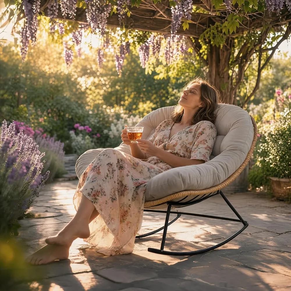 Wicker Rattan Rocking Chair with Arc Foot Base and Gray Cushion for Indoor Outdoor Use