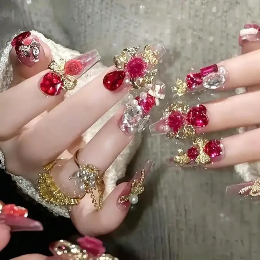 Set of 24 pieces (10 handmade) for nail art theme New Year, with 3D heart pattern and bow, ballet style, suitable for women and girls, perfect for work, travel, parties, weddings, masked dances, Valentine's Day, New Year, meetings, beauty salons and nail art DIY.