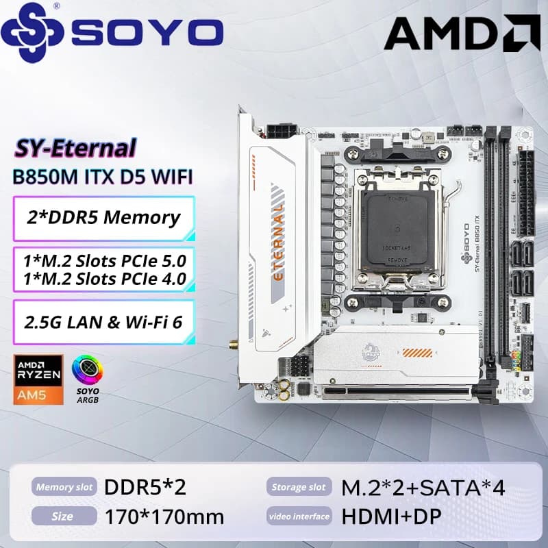 Scheda madre SOYO B850M ARGB WIFI6 MINI-ITX DDR5 a doppio canale M.2 PCIE5.0 TYPE-C AM5 Socket Supporto AMD B850ITX (900X 7800X3D)