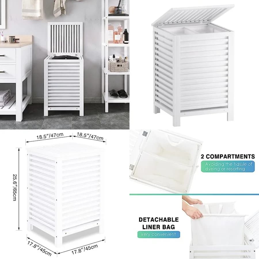 Double Laundry Hamper with Lid, 120L Bamboo Laundry Basket with Removable Liner Bag, 2-Section Clothes Divider Laundry Sorter f