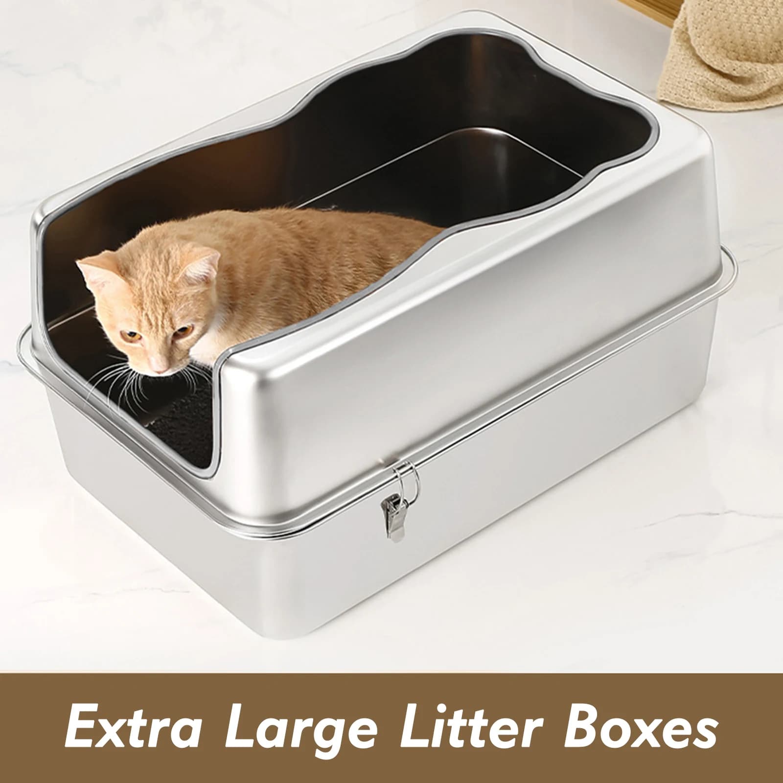 Lettiera per Gatti Extra Large in Metallo Anti-Perdita di Urina, Vassoio Lettiera in Acciaio Inossidabile con Uscita Superiore per Gatti Grandi e Multipli