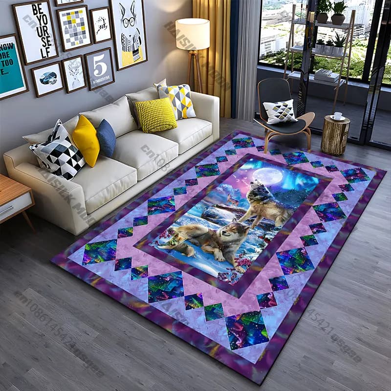 Tappeto con motivo lupo, luna e armonia, per yoga, soggiorno, decorazione per la stanza, tappetino per bambini, zerbino, tappeto per giochi