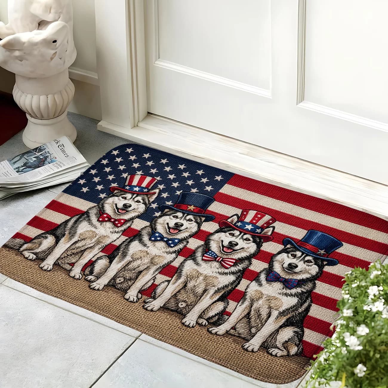 Tappetino Patriottico con Husky e Bandiera USA per il Giorno dell'Indipendenza, Tappeto d'Ingresso Divertente con Animali, Antiscivolo, per Arredamento Casa