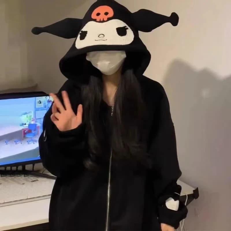 Felpa con Zip Sanrio Kuromi per Donna, Cardigan Kawaii Y2K, Giacca Unisex Primaverile e Autunnale, Nuova Felpa Larga con Cerniera alla Moda