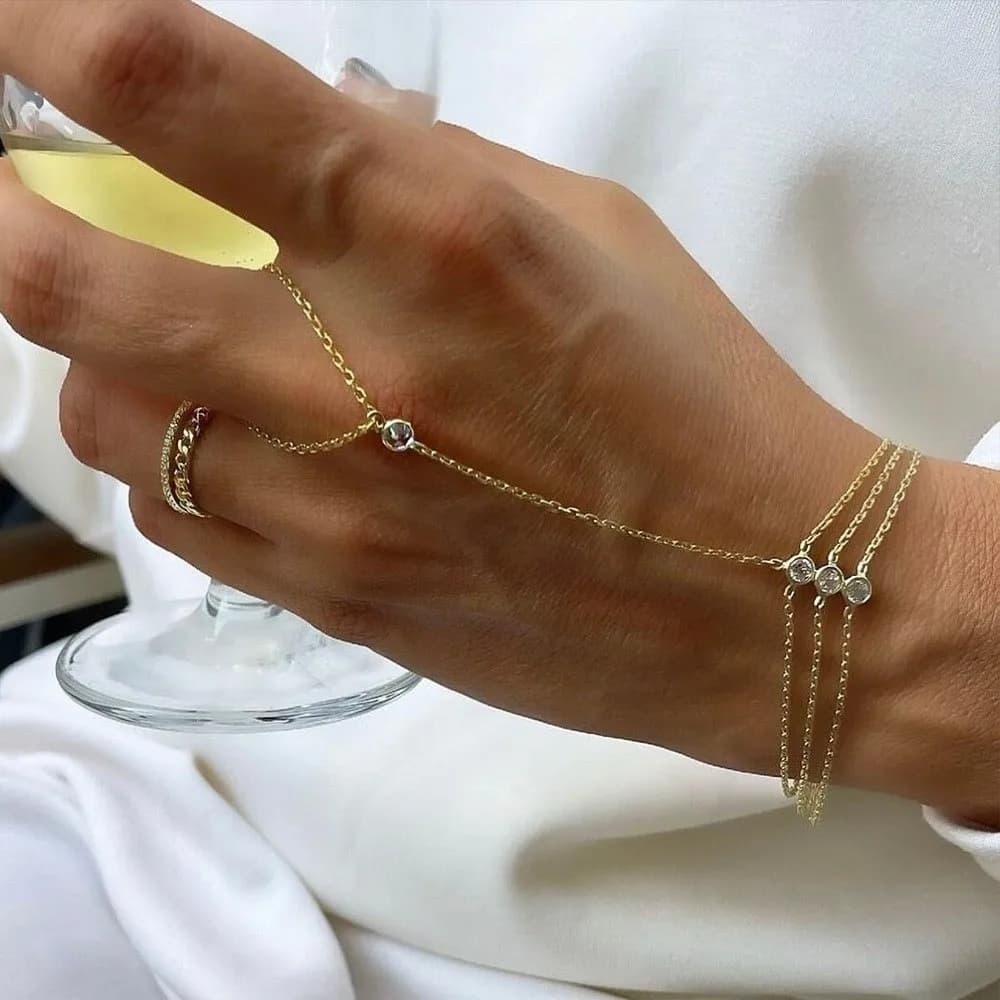 Braccialetti da dito oro/argento con strass lucidi, catena sottile delicata, anello da dito collegato, multistrato, vintage, fatto a mano