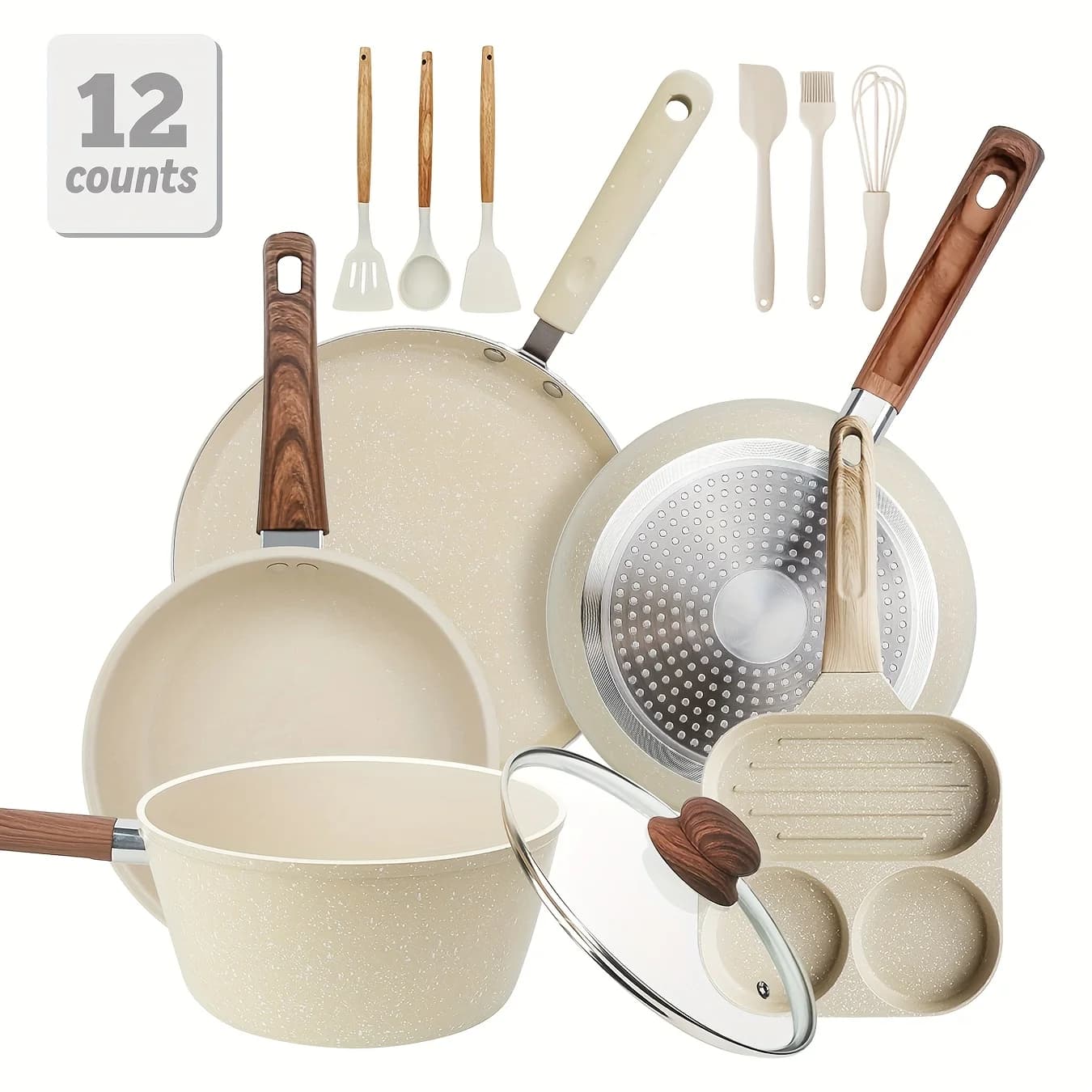 Set di pentole e padelle antiaderenti da 12/15 pezzi, set di pentole con padella, casseruola, utensili da cucina, per cucina, casa, mensa, sala da pranzo, regalo per matrimonio, inaugurazione della casa, confezione regalo di Natale, bianco