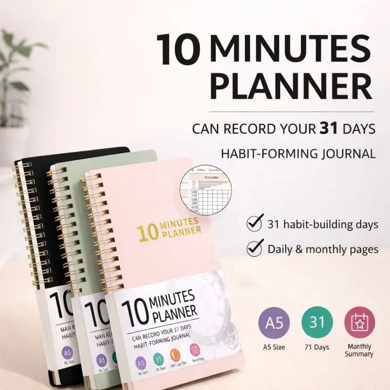 Quaderno pianificatore A5 da 10 minuti, diario di localizzazione delle abitudini di 31 giorni, pianificatore giornaliero a spirale per la gestione del tempo con risparmio mensile