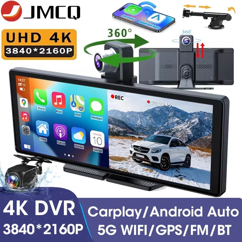 JMCQ 10.2 inch 4K Dash Cam Carplay Android Auto Car DVR Video Drive Recorder 360 Rotation Dual Lens 5G Wifi GPS FM BT