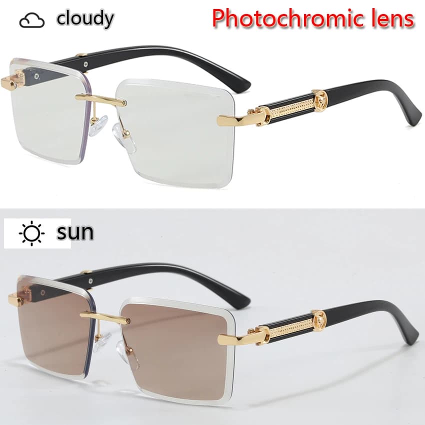 Occhiali da Sole Fotocromatici Senza Montatura Quadrati per Uomo e Donna, Occhiali da Sole di Lusso Poligonali, Lenti Tagliate per la Guida