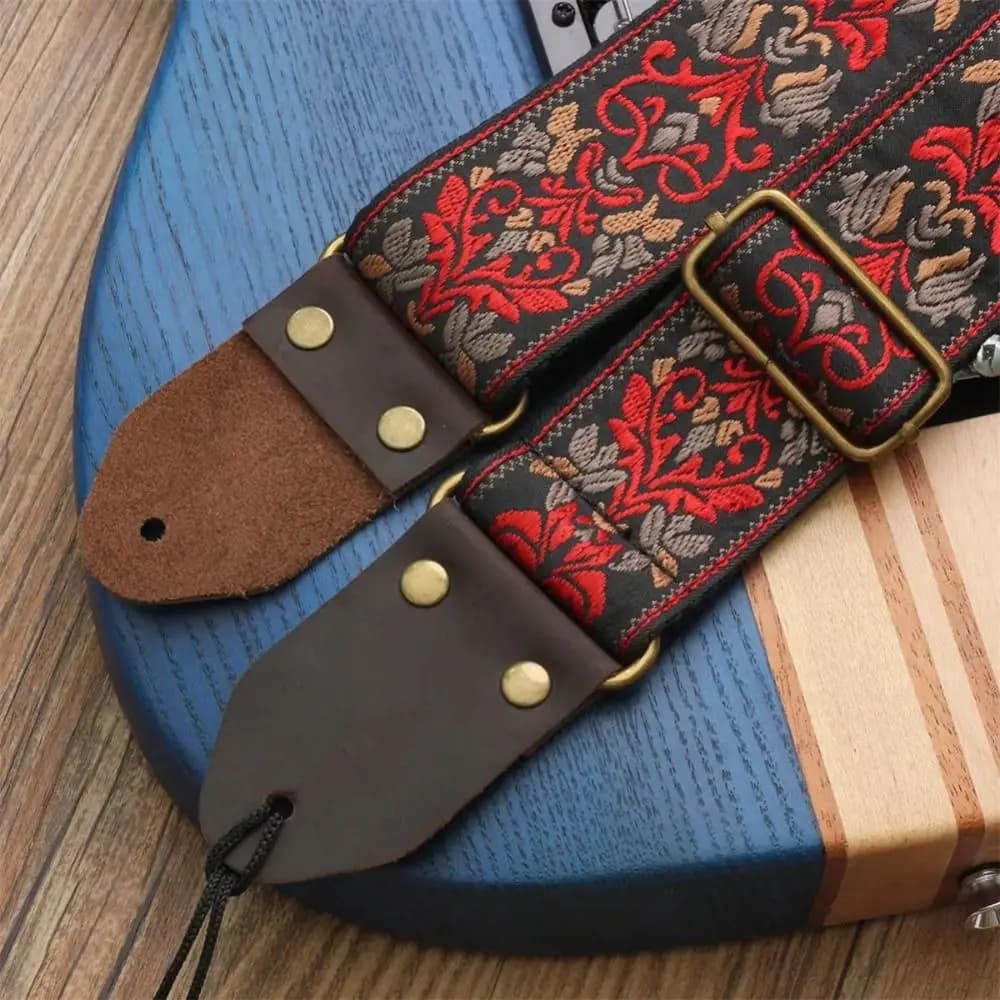 Vintage Flowers Embroidered Guitar Strap Tail Nail Pick Adjustable Guitar Strap Belt Leather Head Cotton Electric Guitar Belt