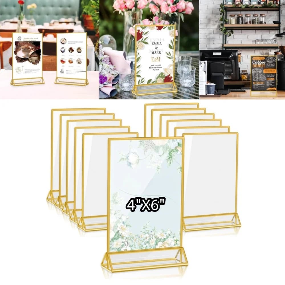 Porta cartello in acrilico da 4x6 pollici con supporto verticale con bordo in oro da 3 mm per cornice da matrimonio, menu da tavolo, supporto per foto artistiche