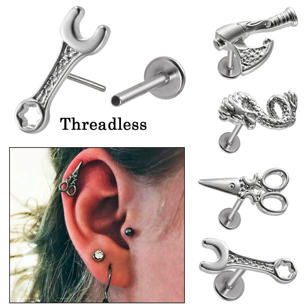 1PC Acciaio Chirurgico Senza Filettatura Chiave Ascia Forbice Drago Labret Anello Del Labbro Dell'orecchio Cartilagine Trago Orecchino Helix Lobe Piercing Gioielli