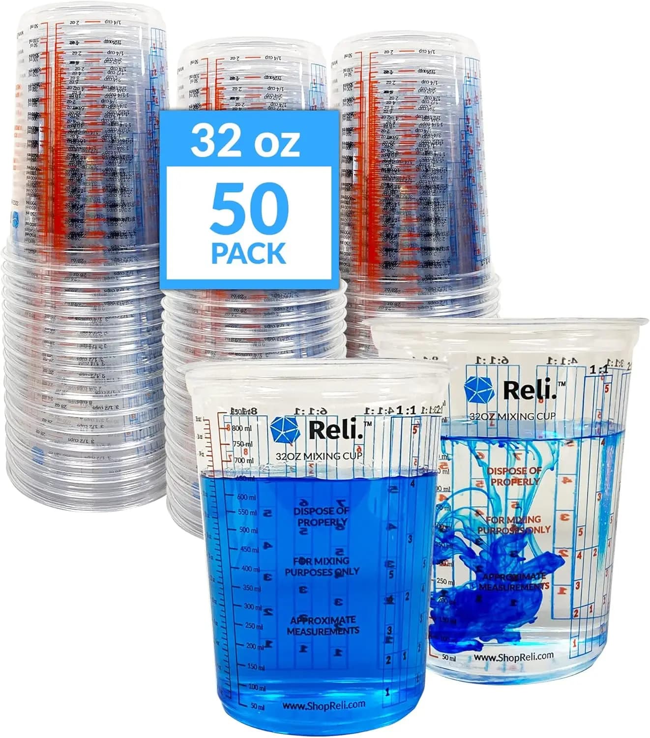 50 Pezzi Bicchieri Monouso da 32oz per Miscelare Vernici - Bicchieri Graduati in Plastica Trasparente per Resina Epossidica, Pigmenti