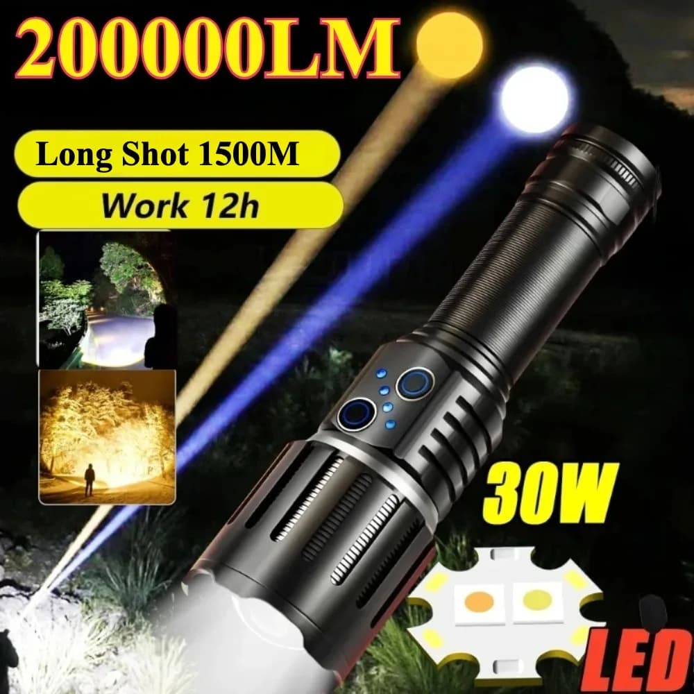 Super Luminous LED Flashlight with Dual Laser Source Yellow and White, Rechargeable, Waterproof, Zoomable, for Camping and Open Activities